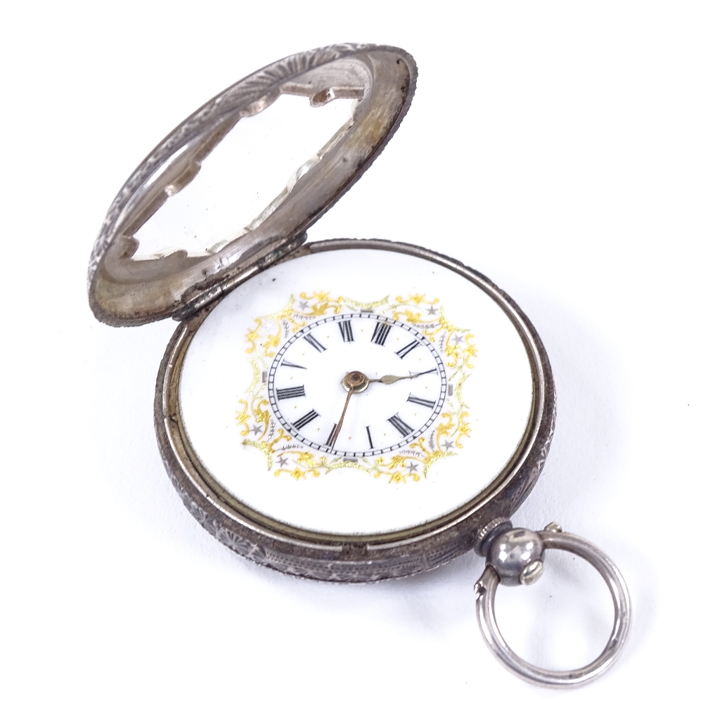 A 19th century Continental silver open-face key-wind fob watch, square-framed gilt white enamel dial - Image 4 of 8