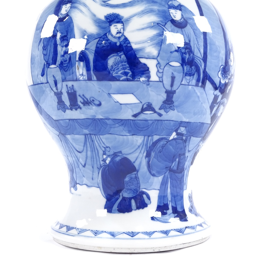 An antique Chinese blue and white bulbous vase, with hand painted court scene, possibly Kangxi, - Image 3 of 7