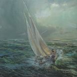 John Eighteen, oil on canvas, Robin Knox-Johnson Changing the Jib on Suhaili, signed John, 30" x