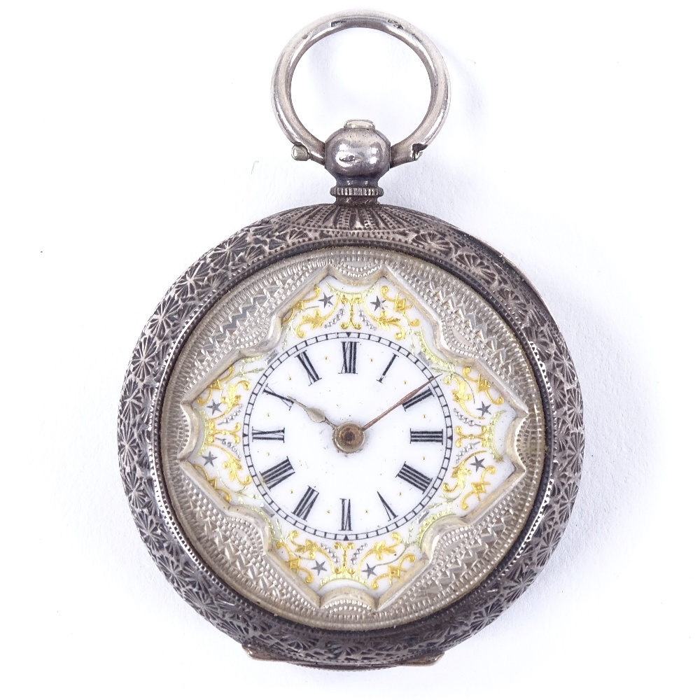 A 19th century Continental silver open-face key-wind fob watch, square-framed gilt white enamel dial