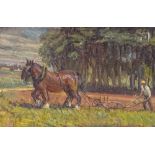 Phyllis Nelson, oil on panel, ploughing scene, 1956, signed, 7.5" x 10.5", framed