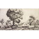 William Strang, etching, farm landscape, final trial, signed in pencil, plate 6" x 10.5", mounted,