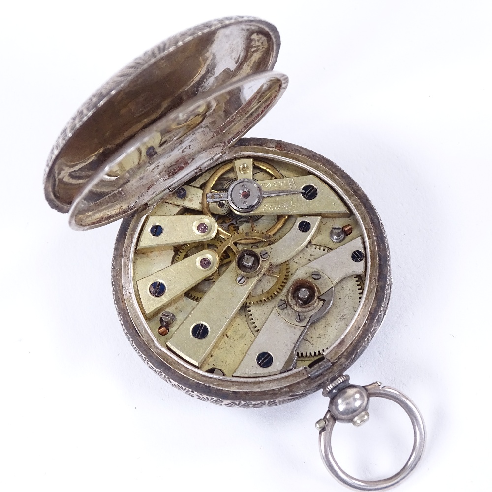 A 19th century Continental silver open-face key-wind fob watch, square-framed gilt white enamel dial - Image 7 of 8