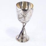 A late Victorian silver plated cricket trophy goblet, cricket bat supports with engraved leaf