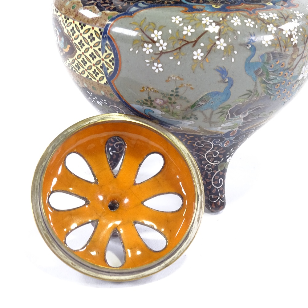 An extremely fine Japanese cloisonne censer Meiji period, with pierced lid, two handled on tripod - Image 8 of 14