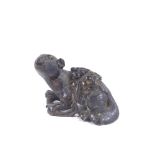 A Chinese minature cast bronze otter with seaweed, indistinct makers mark to rear of neck, length