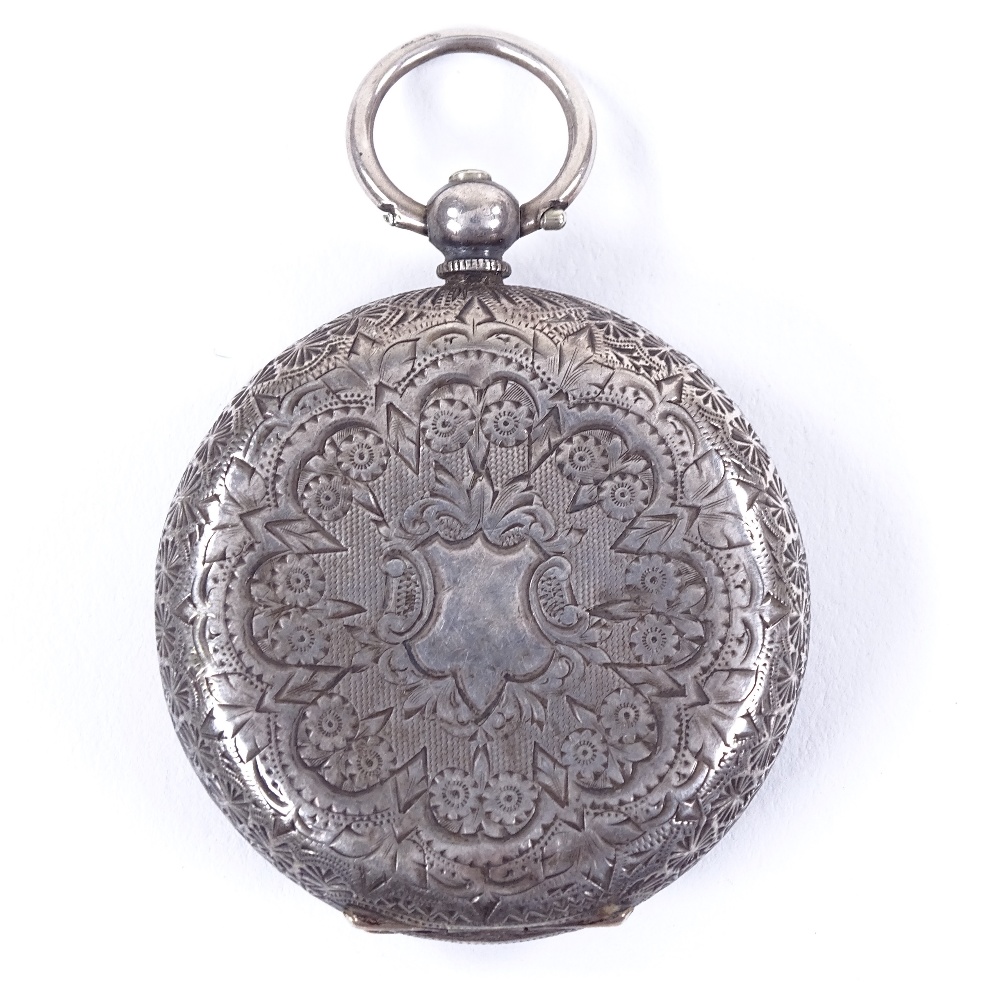 A 19th century Continental silver open-face key-wind fob watch, square-framed gilt white enamel dial - Image 2 of 8