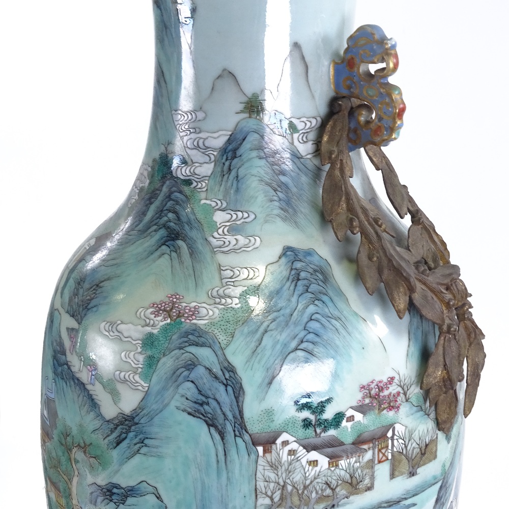 A pair of large 18th century Chinese enamelled porcelain vases, hand painted with extensive mountain - Image 2 of 11