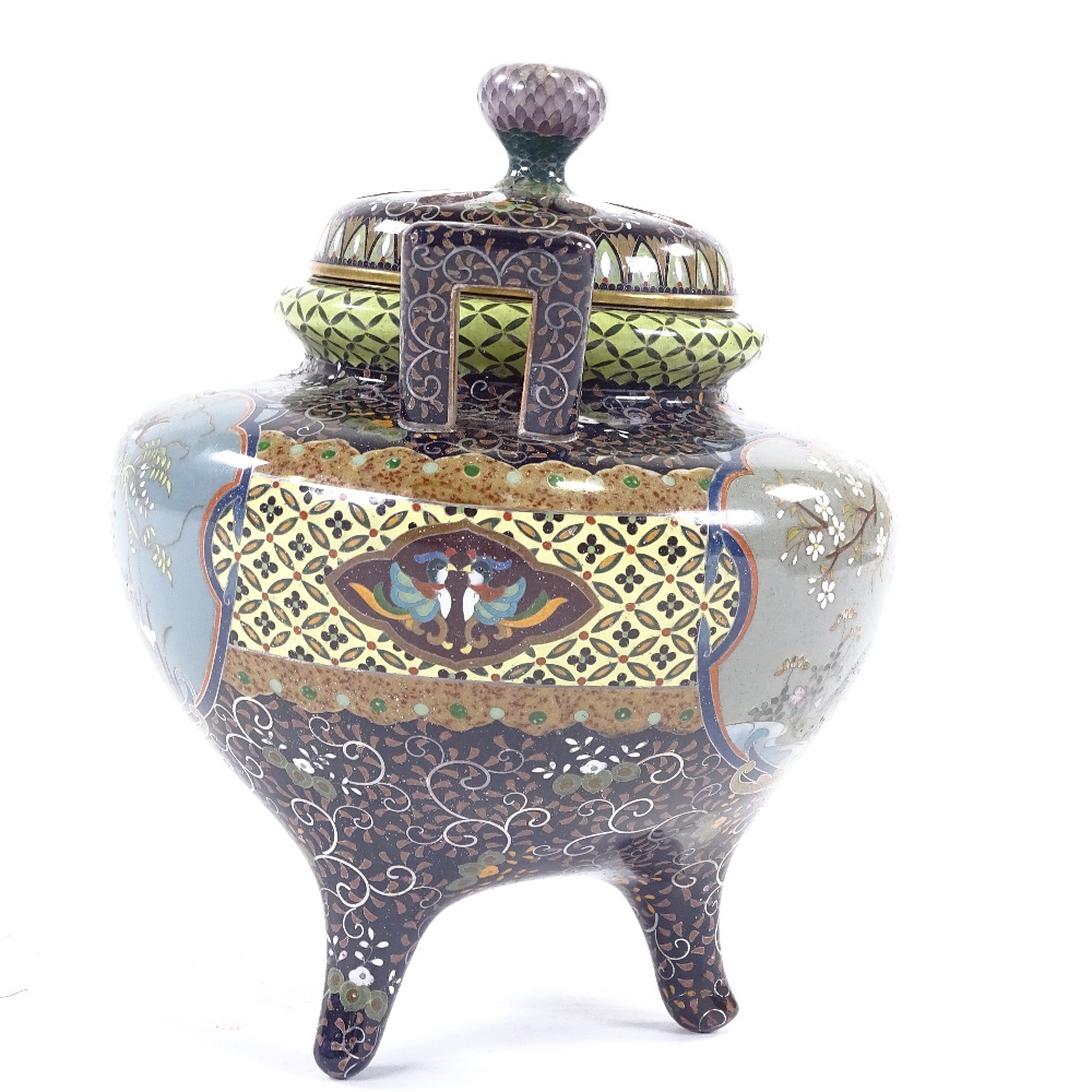 An extremely fine Japanese cloisonne censer Meiji period, with pierced lid, two handled on tripod - Image 7 of 14