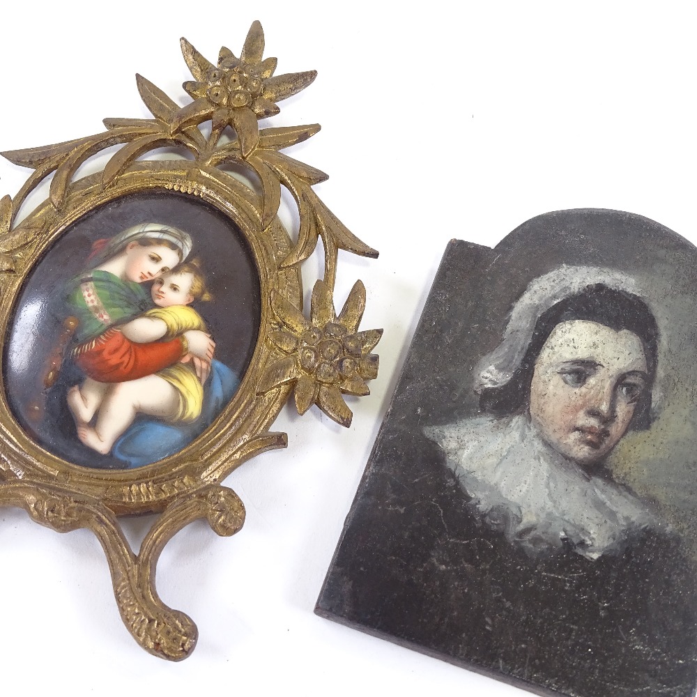 A 19th century painted porcelain plaque, depicting a woman and child in carved giltwood frame, - Image 5 of 5