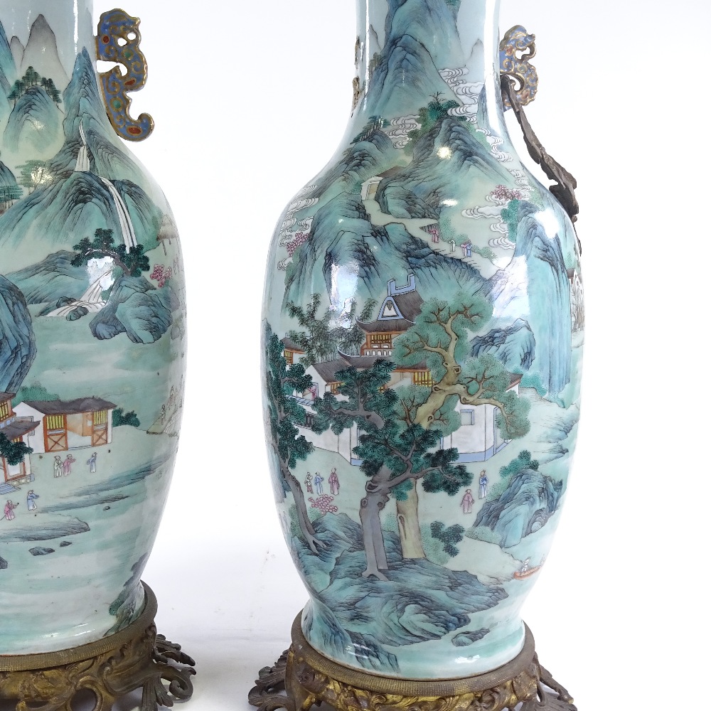 A pair of large 18th century Chinese enamelled porcelain vases, hand painted with extensive mountain - Image 4 of 11