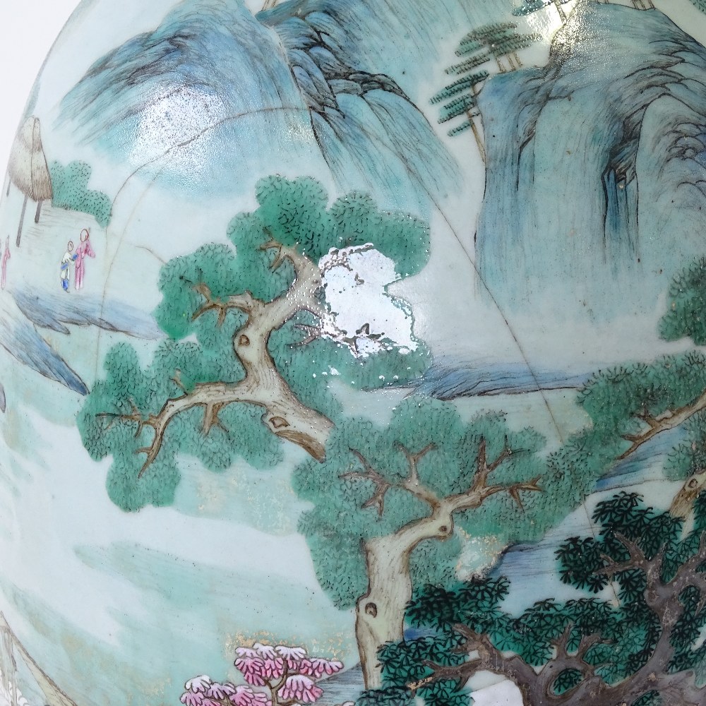 A pair of large 18th century Chinese enamelled porcelain vases, hand painted with extensive mountain - Image 7 of 11