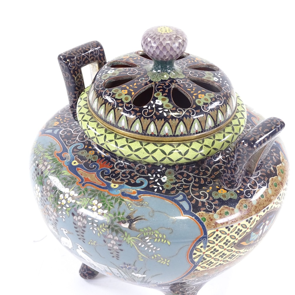 An extremely fine Japanese cloisonne censer Meiji period, with pierced lid, two handled on tripod - Image 5 of 14