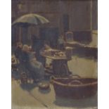 Modern British School, oil on board, street market, unsigned, early to mid-20th century, 10.5" x 8.