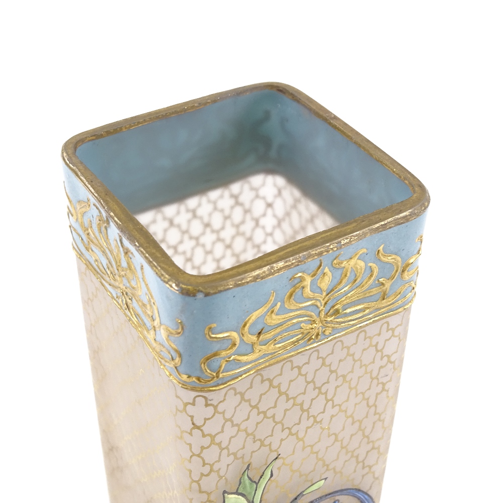 An Art Nouveau square-section opaque glass vase, with hand painted enamel peacock and flower - Image 5 of 8