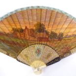 A 19th century Vernis Martin style fan, hand painted romantic and landscape scenes with intricate