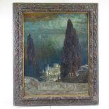 Willy Hamacher (1865-1909), oil on wood panel, Mediterranean coastal buildings, signed, 28" x 22",