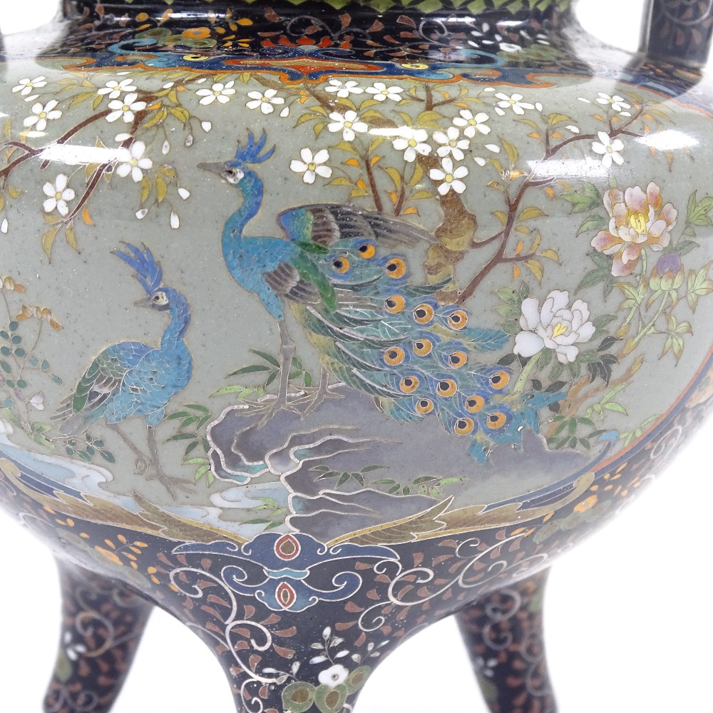 An extremely fine Japanese cloisonne censer Meiji period, with pierced lid, two handled on tripod - Image 13 of 14