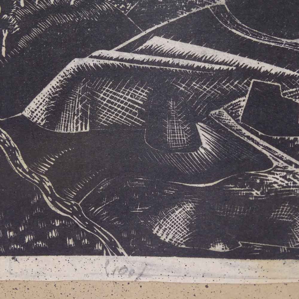 Circle of Paul Nash, wood-cut print, stylised landscape, inscribed proof, image 5.5" x 7", - Image 3 of 4
