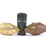 A brass fish sewing etui, with fitted interior, another fish case and an early 19th century shagreen