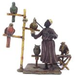 A Franz Bergmann style Vienna cold painted bronze, North African man with parrots, monkey and owl,