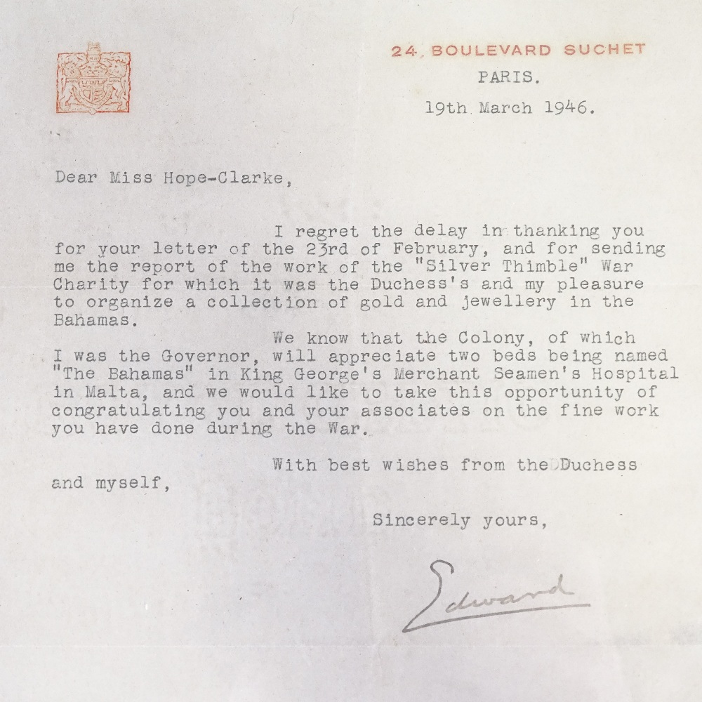 Royal interest - A framed letter from Edward VIII as the Duke of Windsor, correspondence dated