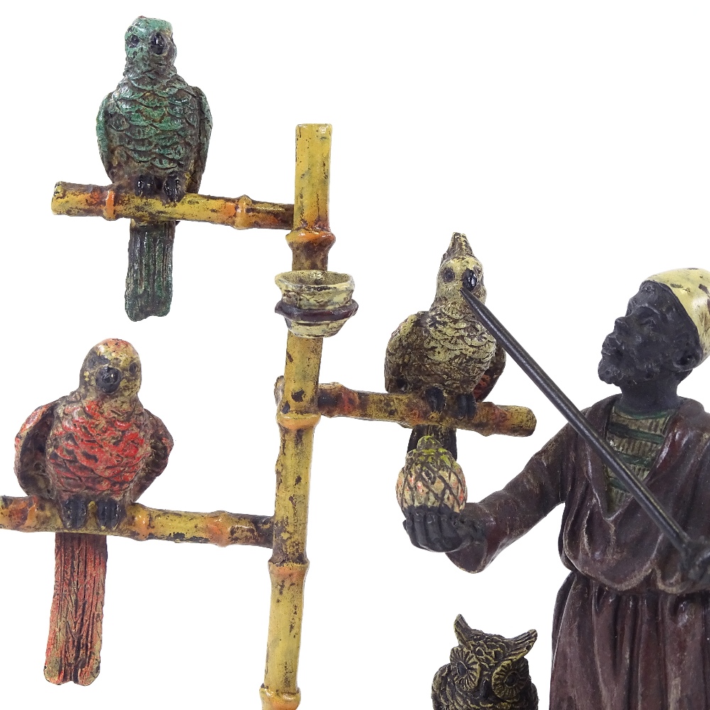 A Franz Bergmann style Vienna cold painted bronze, North African man with parrots, monkey and owl, - Image 6 of 9