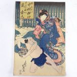 19th century Japanese colour woodblock print with inscription, sheet size 14" x 9.5", unframed