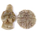 2 Chinese relief carved and pierced jade pendants, largest length 8.5cm