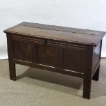 A 17th/18th century panelled oak coffer of small size, length 110cm