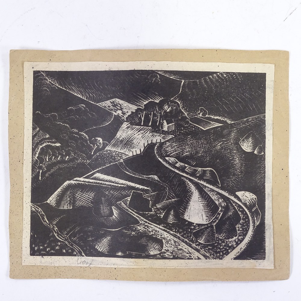 Circle of Paul Nash, wood-cut print, stylised landscape, inscribed proof, image 5.5" x 7", - Image 2 of 4