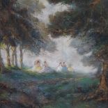 Early to mid-20th century coloured pastels, ladies in a woodland clearing, indistinctly signed,