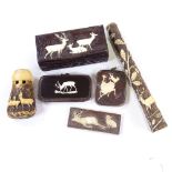 A 19th century carved stag horn and ivory box, length 9cm, together a stag horn whistle, handle