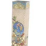 An Art Nouveau square-section opaque glass vase, with hand painted enamel peacock and flower