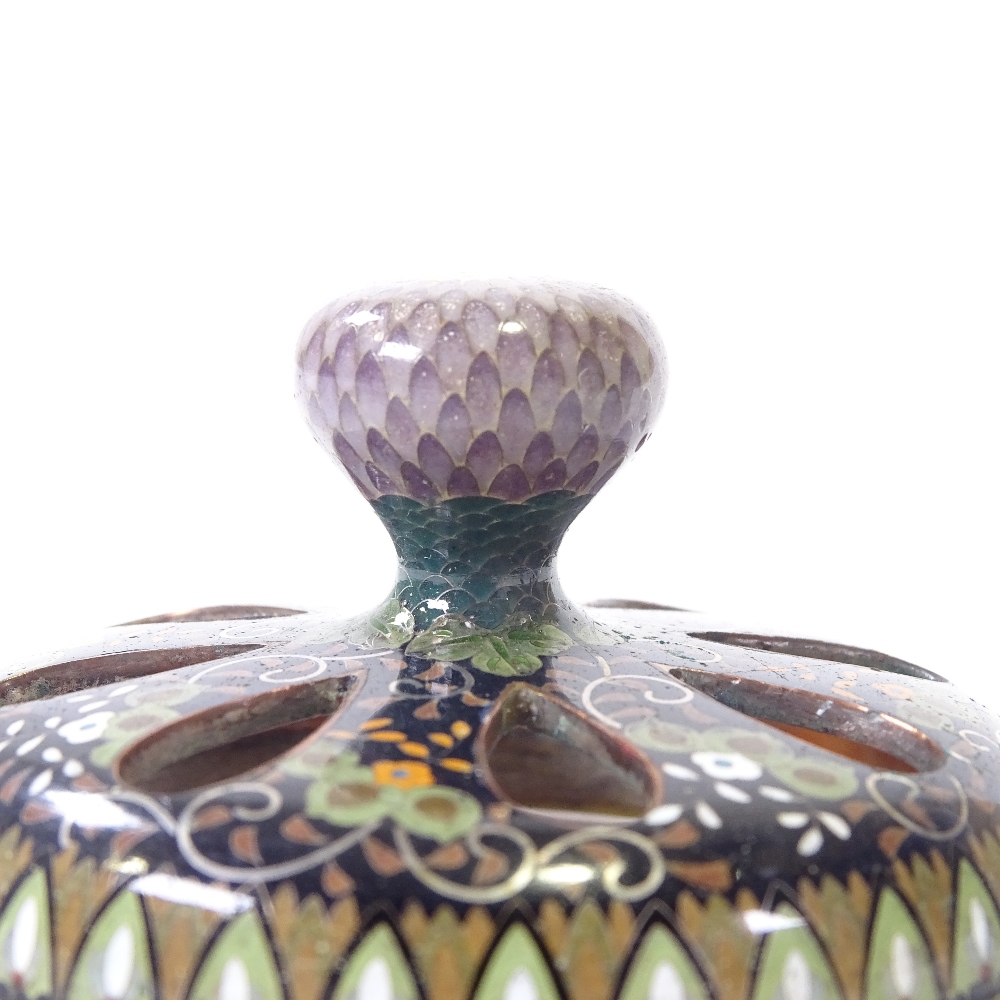 An extremely fine Japanese cloisonne censer Meiji period, with pierced lid, two handled on tripod - Image 10 of 14