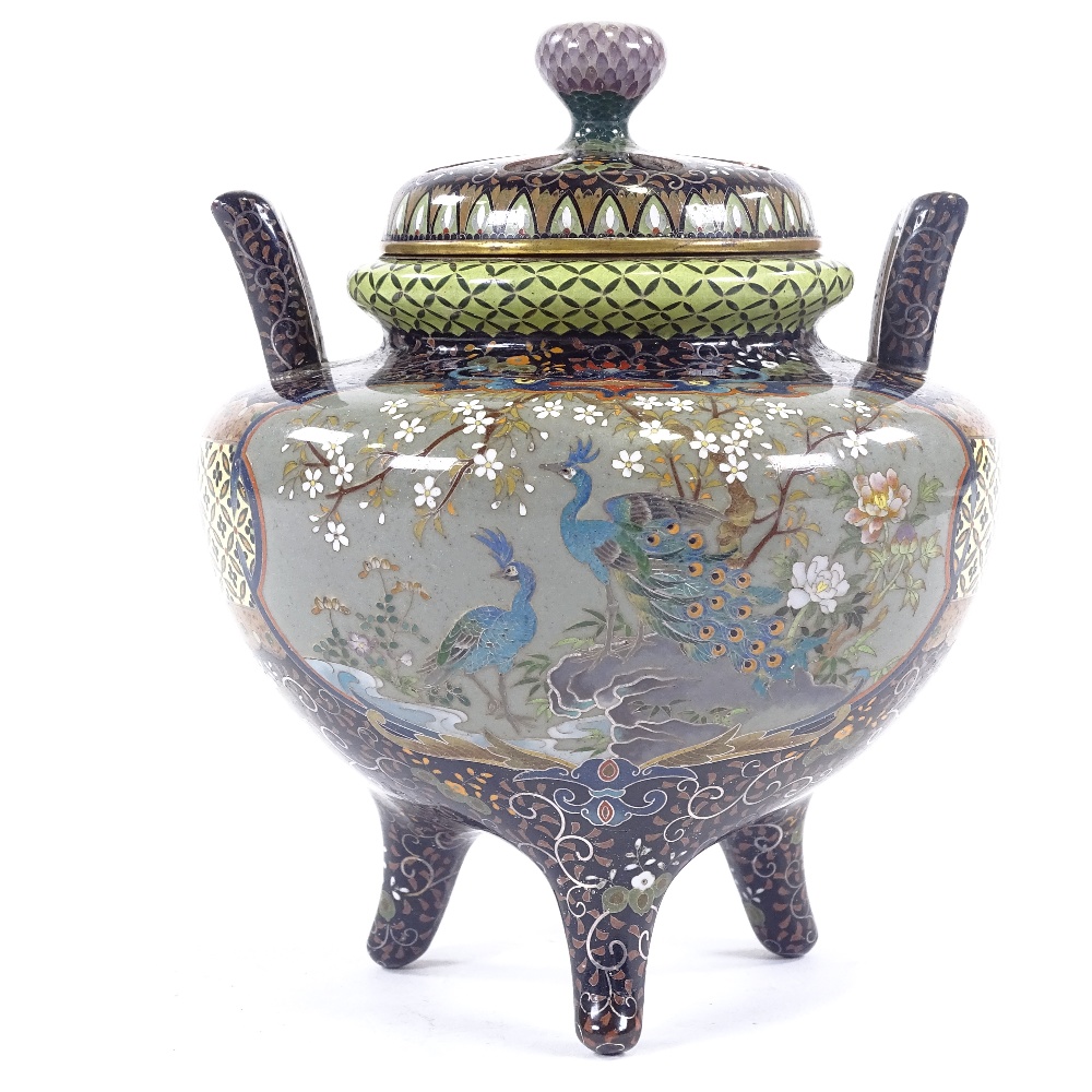 An extremely fine Japanese cloisonne censer Meiji period, with pierced lid, two handled on tripod - Image 2 of 14