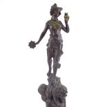 Spelter figure titled "La Danse", in the form of a woman on the back of a lion, on turned ebonised