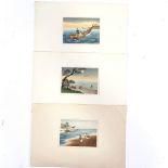 Japanese School, 3 miniature watercolours, birds on the coast, signed with a seal, image 2.5" x 3.