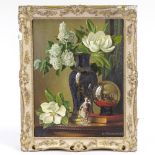 H F Richardson, oil on canvas, still life flowers and ceramics, signed, 27" x 20", framed Canvas