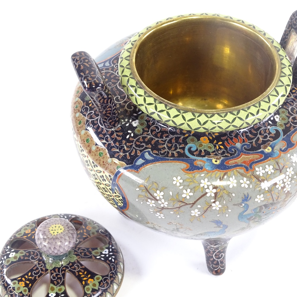 An extremely fine Japanese cloisonne censer Meiji period, with pierced lid, two handled on tripod - Image 6 of 14