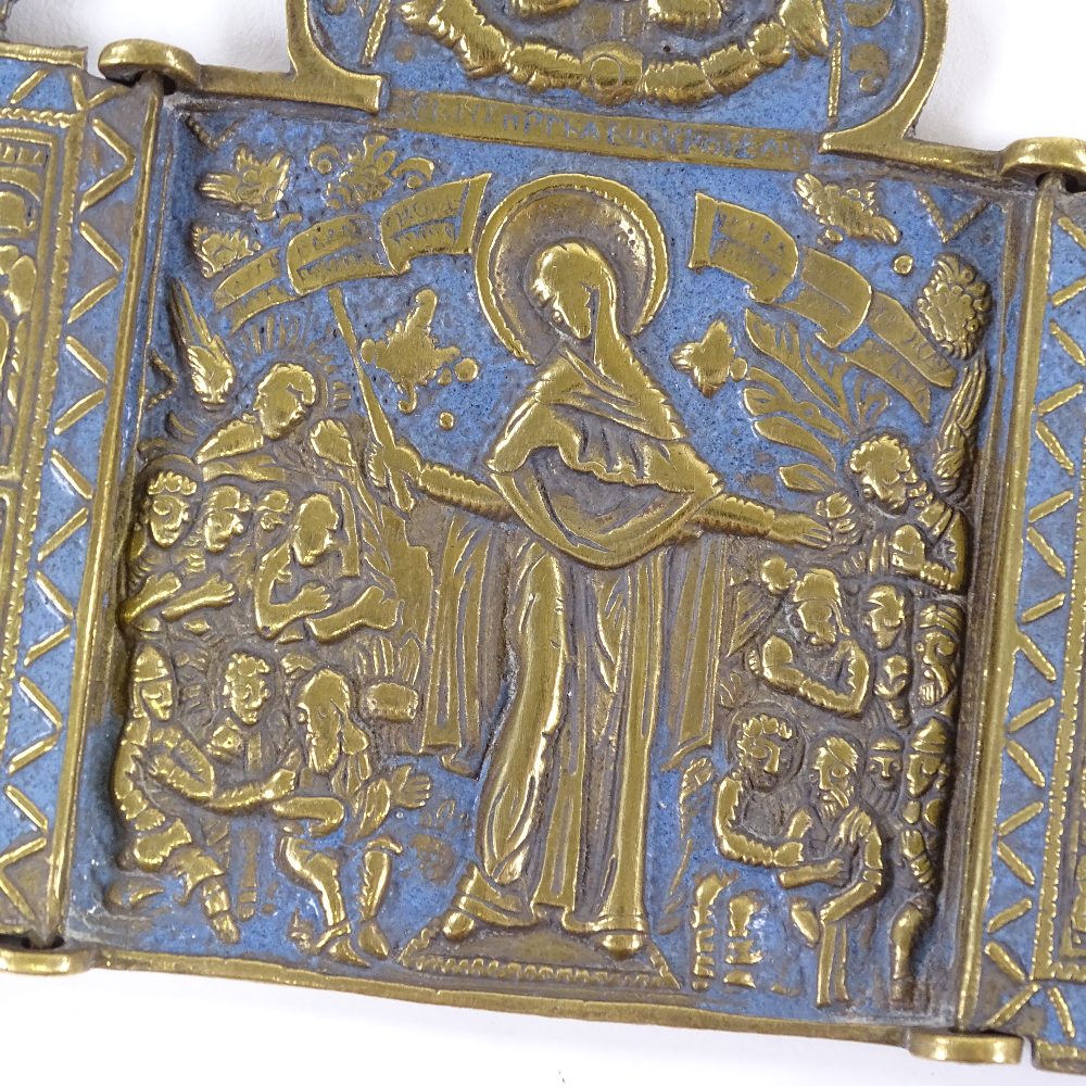 A Russian relief cast bronze triptych icon with blue enamel decoration, height 10cm - Image 2 of 5