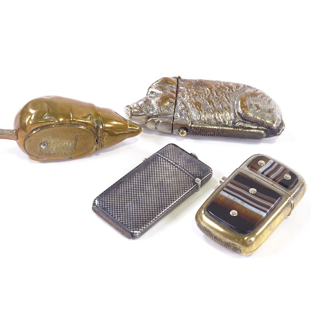 4 Silver and metal vesta cases, French silver niello, a pig, a mouse and an agate panelled case. - Image 3 of 5