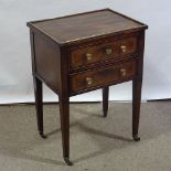 A Georgian two drawer side table, tappered legs on casters and inlaid brass banding, height 71cm.