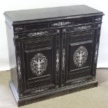 A 19th century Continental ebony and ivory marquetry inlaid 2-door side cupboard, width 109cm,