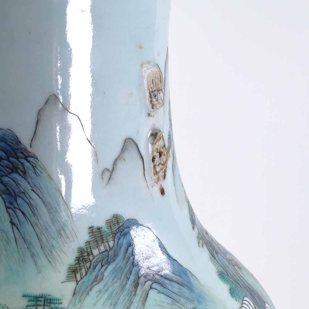 A pair of large 18th century Chinese enamelled porcelain vases, hand painted with extensive mountain - Image 8 of 11