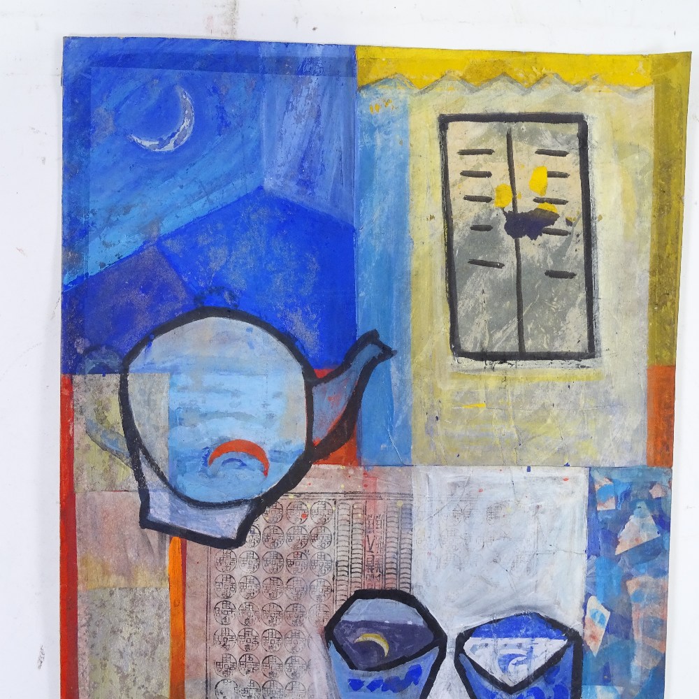 Mixed media, gouache/collage, abstract, possibly Turkish, indistinct signature, 19.5" x 14.5", - Image 3 of 4