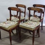 A set of 4 William IV rosewood and marquetry inlaid dining chairs, with carved backs and turned