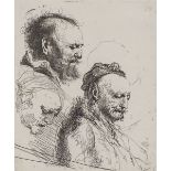 After Rembrandt, etching, 3 heads, 4" x 3.5", framed Very good condition, trimmed to edge of plate