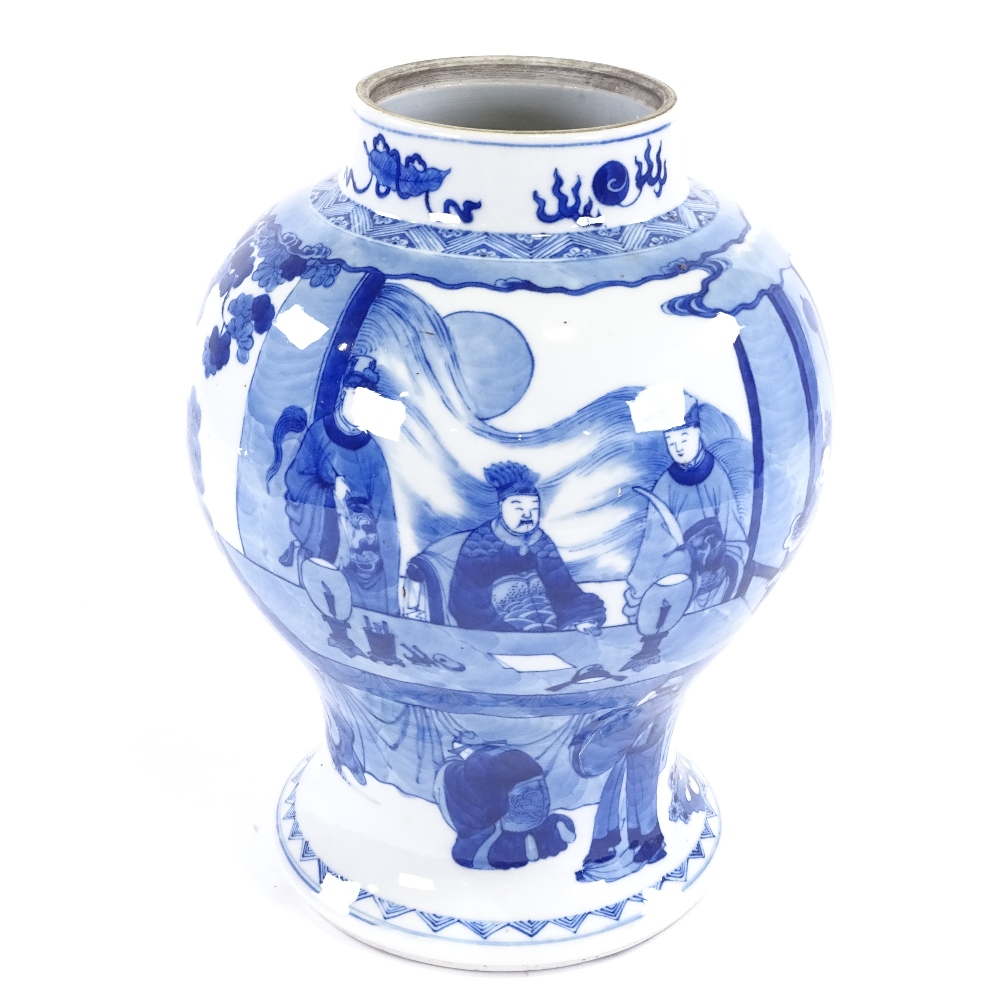 An antique Chinese blue and white bulbous vase, with hand painted court scene, possibly Kangxi, - Image 2 of 7