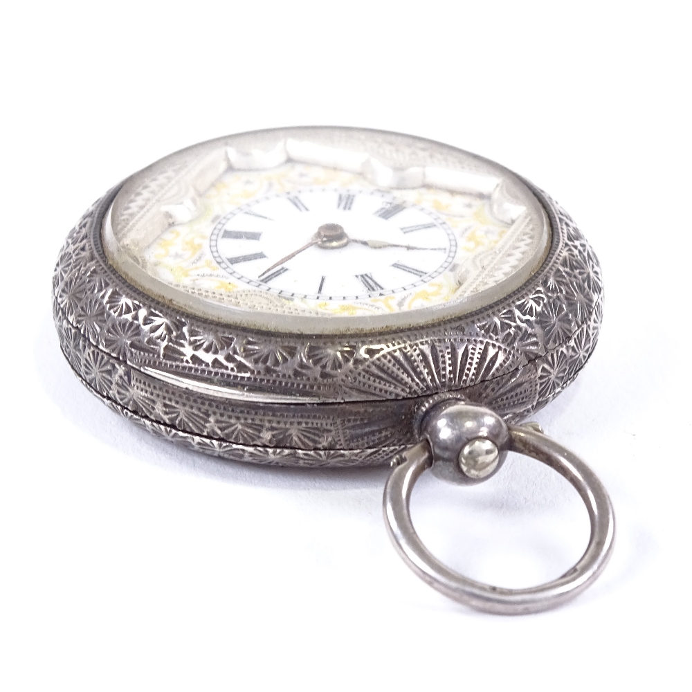 A 19th century Continental silver open-face key-wind fob watch, square-framed gilt white enamel dial - Image 3 of 8